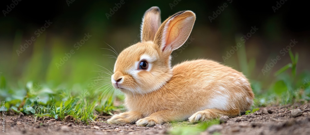 Fototapeta premium Cute brown hare lying on green grass with soft sunlight illuminating its fur and adorable features while surrounded by a natural outdoor setting