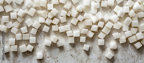 Aerial view of white sugar cubes 12mm arranged artistically on a light marble surface creating an appealing texture and depth in the composition photo