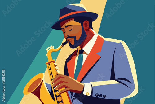 A skilled saxophonist plays soulfully while dressed in a stylish suit, surrounded by a lively atmosphere, Jazz saxophonist Customizable Semi Flat Illustration
