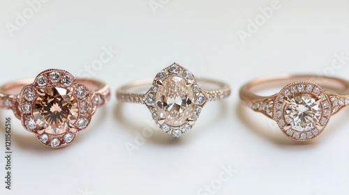 Three elegant diamond engagement rings in rose gold and white gold settings, showcasing different gemstone colors and halo designs.