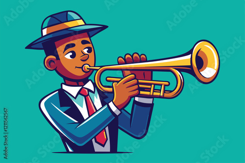 A jazz musician plays the trumpet passionately, donning a stylish hat and suit, surrounded by an energetic atmosphere, Jazz trumpet Customizable Cartoon Illustration