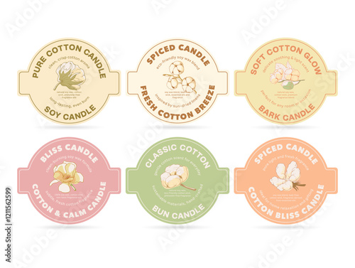 Labels featuring cotton candle varieties showcasing different scents and styles for home fragrance