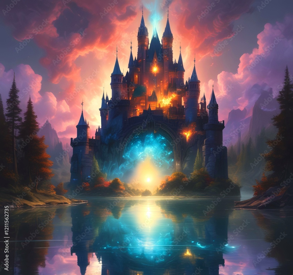 Fototapeta premium Illustration of glowing mystery tower castle in night.