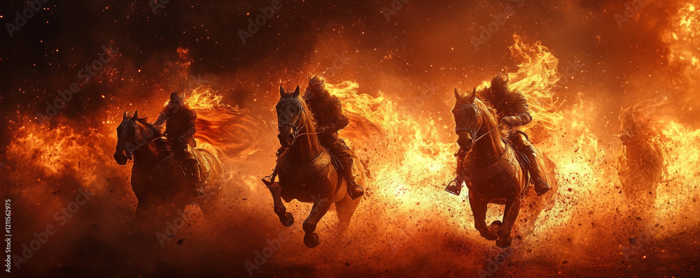 Fototapeta Galloping knights on fiery horses create dramatic scene with sparks flying and banners waving, evoking sense of adventure and intensity