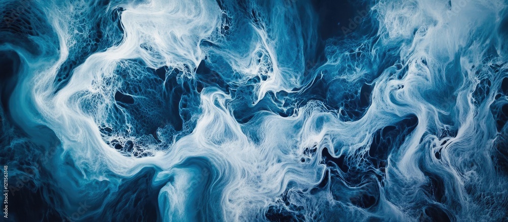 Aerial view of swirling blue and white water patterns creating an abstract representation of a river delta with fluid movements and dynamic textures Aerial view of swirling blue and white water patterns creating an abstract representation of a river delta with fluid movements and dynamic textures