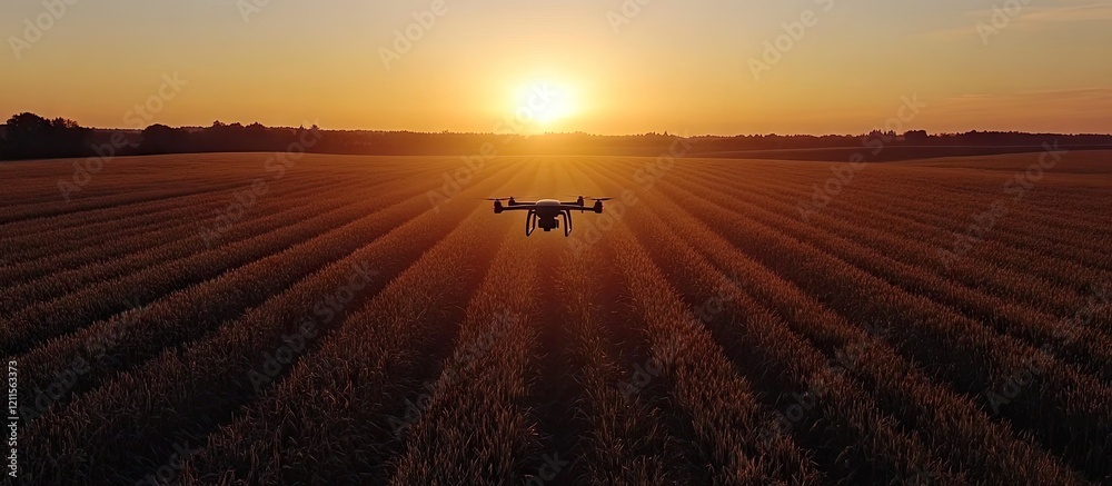 Fototapeta premium Aerial view of golden cereal fields at sunset with a drone flying overhead creating long shadows across the rows of crops.