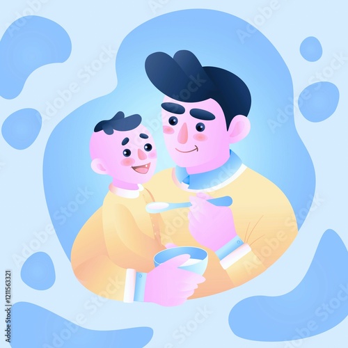 A vector image of a father holding his child in his arms and feeding him porridge with a spoon.