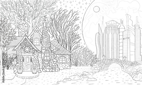 A linear drawing of a fairy-tale house standing next to a forest on the riverbank, beyond the bridge stretches a metropolis