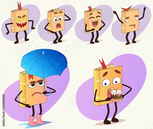 A vector image of an anthropomorphic character is a book with various emotions 