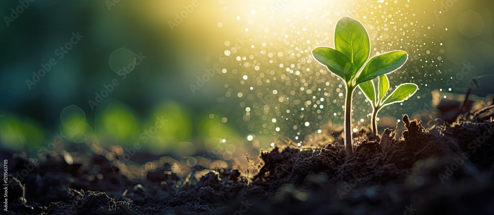 New title: Fresh green seedlings emerging from rich brown soil illuminated by sunlight with soft bokeh background highlighting growth and renewal New title: Fresh green seedlings emerging from rich brown soil illuminated by sunlight with soft bokeh background highlighting growth and renewal