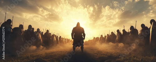Knights standing victorious on battlefield, surrounded by warriors, with dramatic sunset in background, creating powerful and heroic atmosphere