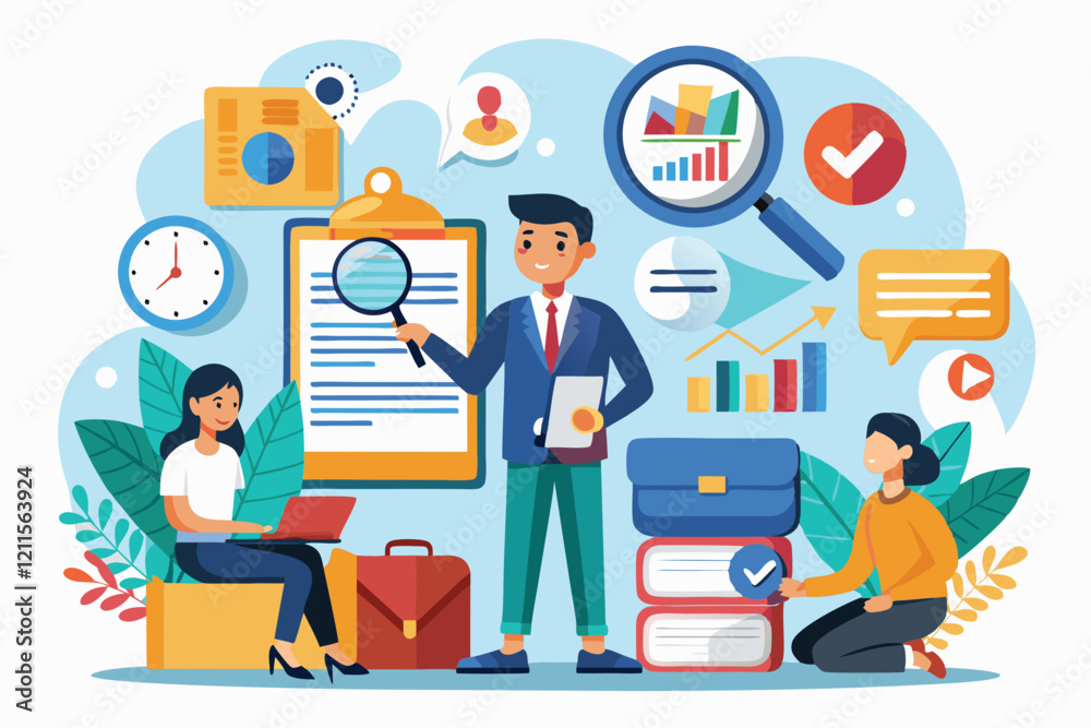 A vibrant workspace filled with people engaging in job hunt activities and analyzing data for opportunities, Job hunt Customizable Flat Illustration A vibrant workspace filled with people engaging in job hunt activities and analyzing data for opportunities, Job hunt Customizable Flat Illustration