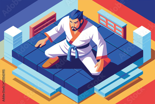 A jiu jitsu practitioner trains on a colorful mat, demonstrating poses and readiness for action, Jiu jitsu Customizable Isometric Illustration