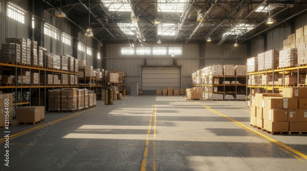 A spacious warehouse with high shelves filled with boxes, illuminated by natural light from large windows, showcasing an organized storage area. A spacious warehouse with high shelves filled with boxes, illuminated by natural light from large windows, showcasing an organized storage area.