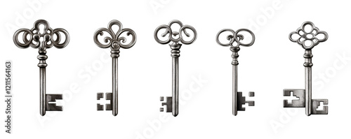 antique keys collection - ornate metal keys on white background photo