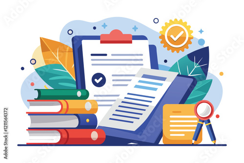 A collection of financial documents and books illustrates joint stock company activities in an office environment, Joint stock company contracts