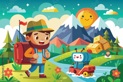 A happy adventurer walks along a river, surrounded by mountains and cartoon characters, under a bright sun, Journey and adventure, Cartoon flat vector illustration