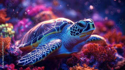 Fototapeta Naklejka Na Ścianę i Meble -  Close-up of a vibrant green sea turtle gracefully swimming among a colorful coral reef, surrounded by stunning crystal-clear blue water. Suitable for marketing or business purposes