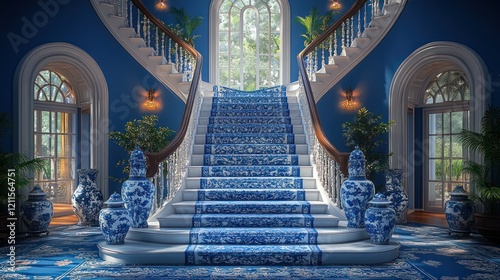 Grand blue staircase, sunlight, mansion interior, elegant decor, home design photo