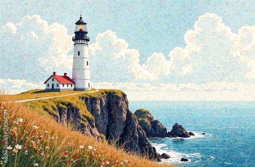 photo of the lighthouse landscape, in style Graphic novel cover with watercolor texture background