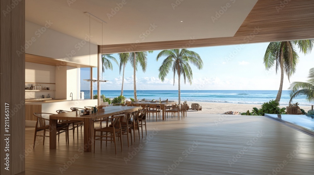 Fototapeta premium A modern beachfront villa with large windows, showcasing palm trees, ocean views, and a spacious interior designed for relaxation and entertaining.