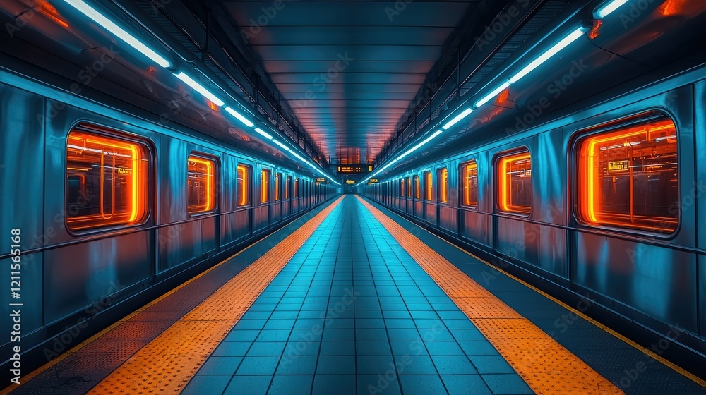 Neon Lit Subway Platform Train Interior Scene Neon Lit Subway Platform Train Interior Scene