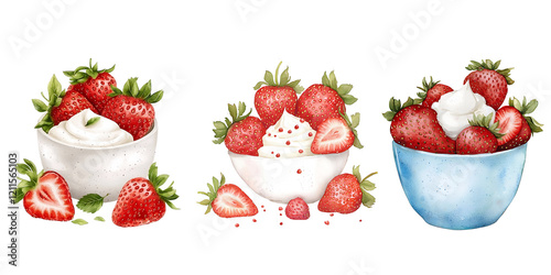 Delicious strawberries in bowls with cream, showcasing vibrant colors and textures. Perfect for desserts or summer treats