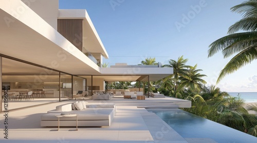 A modern luxury villa with an open terrace, pool, and tropical greenery, offering stunning ocean views and a relaxing ambiance.