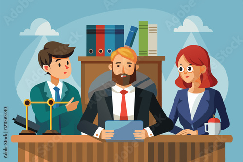 In a contemporary courtroom, a judge engages with legal representatives while reviewing case materials, Judge makes decisions, listens to lawyer and prosecutor,