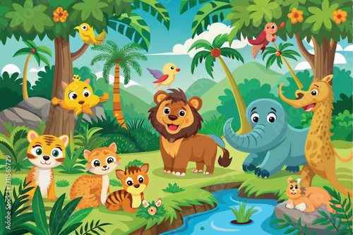 Colorful animals play together in a lively jungle, surrounded by trees, plants, and a gently flowing stream, Jungle cartoon animals