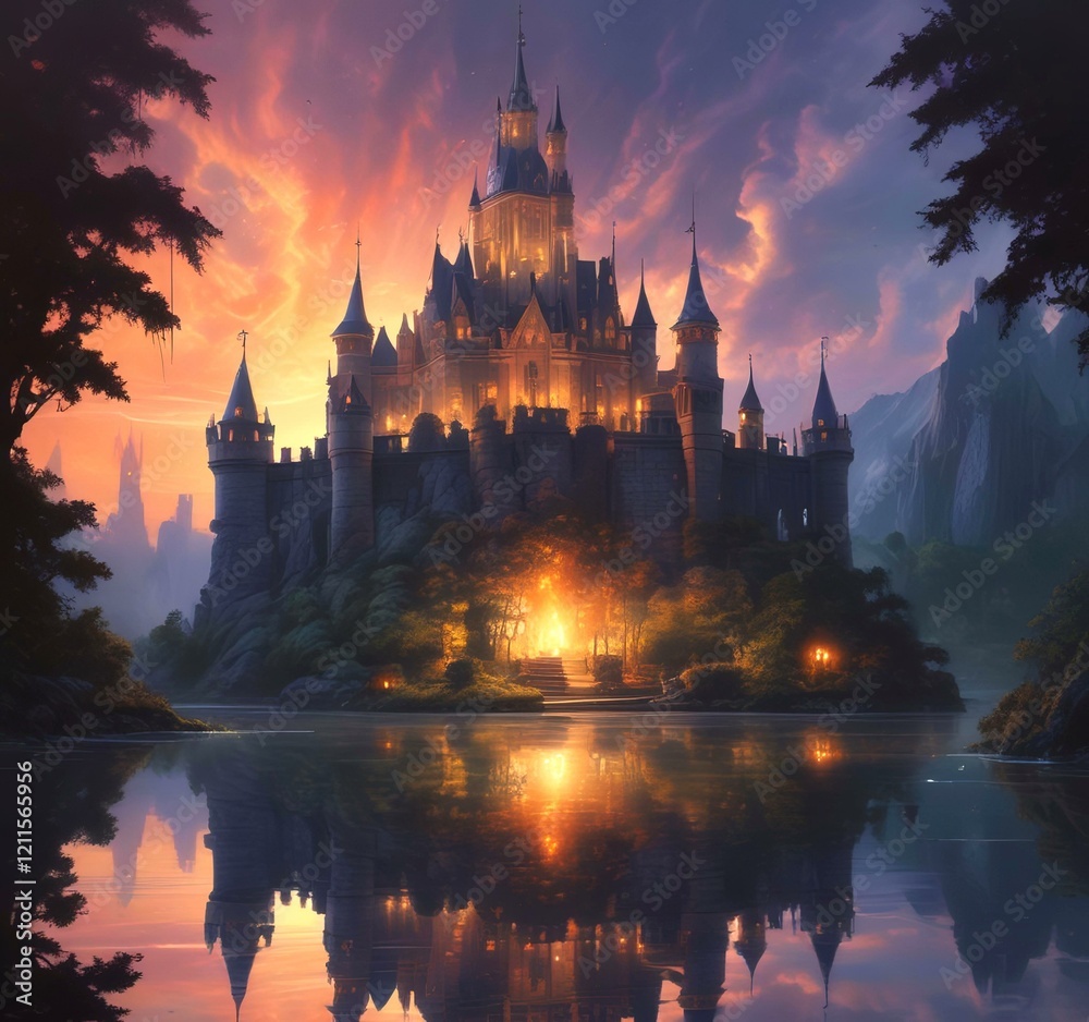 Obraz premium Illustration of glowing mystery tower castle in night.