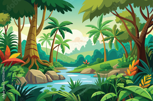 Explore a lush jungle with a winding stream surrounded by rich greenery and tropical plants under a clear sky, jungle set . isolated white background