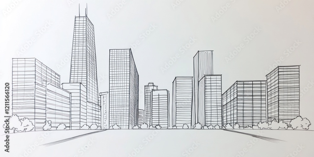 Fototapeta premium Hand Drawn Sketch Of A Modern City Skyline