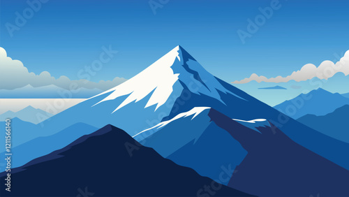 Breathtaking view from a mountain summit, showcasing clouds drifting below against a clear blue sky flat vector illustration.