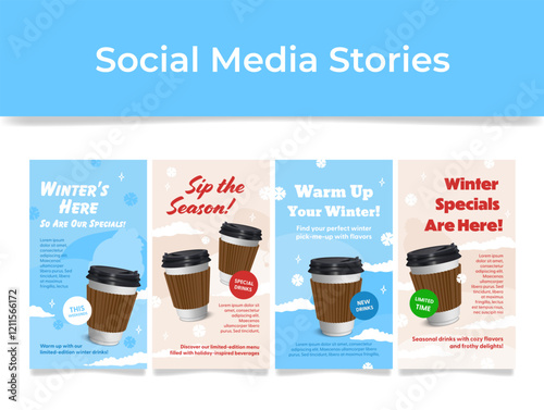 Web banners offering unique winter deals on hot drinks to keep you warm during the winter season and limited time special offers.