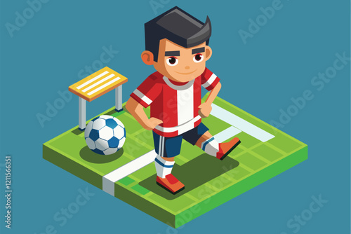 A young soccer player is ready to kick the ball on the field, showcasing their skills and enthusiasm for the game, Junior soccer Customizable Isometric Illustration