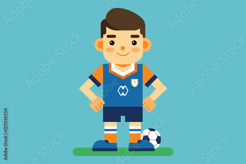 A junior soccer player stands proudly with a soccer ball, ready for the game in a colorful and engaging design, Junior soccer Customizable Flat Illustration