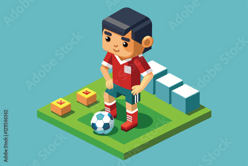 A young soccer player in a red jersey prepares to kick the ball on a green field surrounded by training equipment, Junior soccer Customizable Isometric Illustration