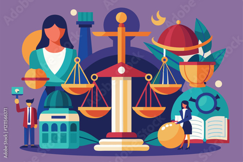 Key aspects of law, justice, and jurisprudence depicted through vibrant illustrations and symbolic elements, Jurispridence and law,