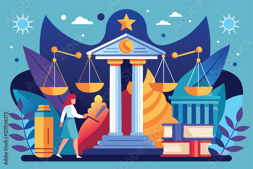A woman interacts with legal symbols in a vibrant, educational setting focused on jurisprudence and law, Jurispridence and law,