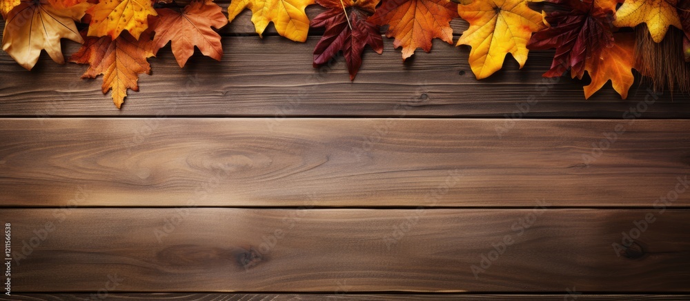 Autumn leaves frame featuring yellow and orange foliage along the top on a rustic wooden background with ample copy space for text below. Autumn leaves frame featuring yellow and orange foliage along the top on a rustic wooden background with ample copy space for text below.