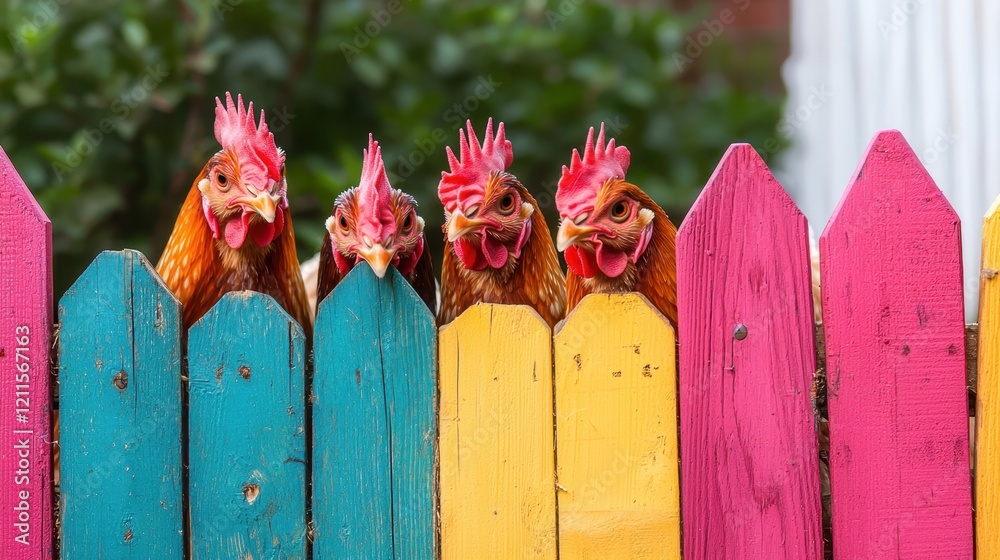 Fototapeta premium Chicken in Backyard Urban Coop Concept. Chickens peeking over a colorful wooden fence in a vibrant setting