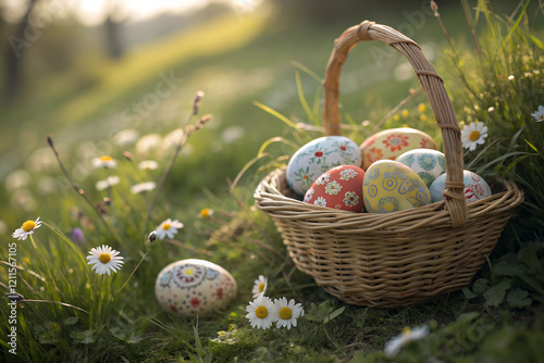Easter eggs in a basket on grass