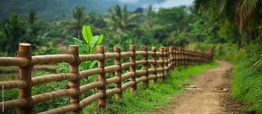 Bamboo fence along a dirt path in a vibrant green jungle setting with lush foliage and distant hills creates a serene, natural ambiance. Bamboo fence along a dirt path in a vibrant green jungle setting with lush foliage and distant hills creates a serene, natural ambiance.
