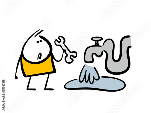 Inept craftsman holds a tool in his hand and looks in horror at a broken faucet in the bathroom. Vector illustration of a plumber who came to fix pipes. The flood in the house.  Isolated caricature.