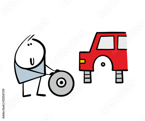 Cartoon stickman in an auto repair shop rolls wheel, repairs car. Vector illustration of mechanic working with modern technology, changing car spare parts. Isolated caricature on white background.