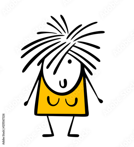 Cartoon shaggy, unkempt woman. Vector illustration of  girl going to get a haircut and have her hair done at a hairdresser. Isolated caricature on white background.