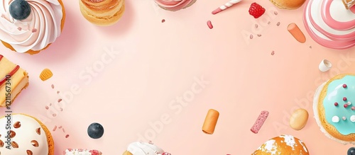 Colorful baking elements including macarons, cupcakes, and candies on a gradient peach background with central space for text and design. photo