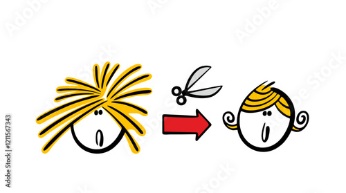Scheme for turning a shaggy-haired woman into a beautiful girl. Vector illustration advertising a beauty salon and  hairdressing salon. Scissors work wonders. Isolated caricature on white background