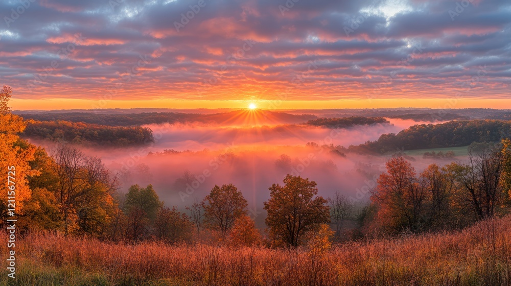 Autumn sunrise fog valley panorama Autumn sunrise fog valley panorama